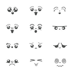 set of cute kawaii expressions, Cartoon faces set ,black and white eyes, manga comic cartoon eyes isolated on white background	