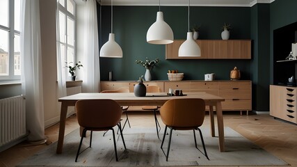 interior of a kitchen, Modern scandinavian apartment with trendy furniture, 