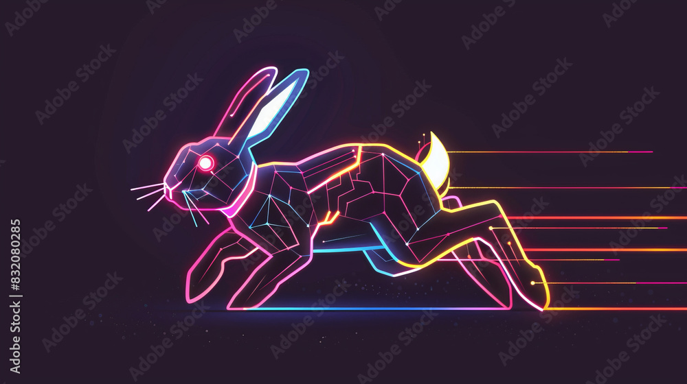 Poster neon robotic running rabbit in futuristic digital interface