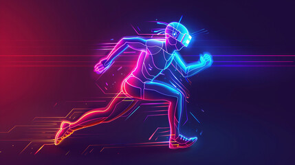 Futuristic neon illustration of a runner with virtual reality headset