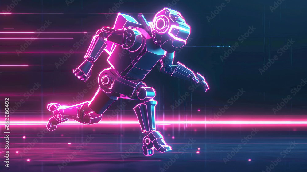 Poster futuristic robotic figure running in neon illuminated background