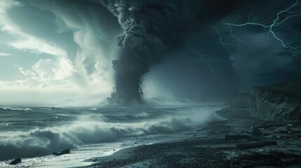 tornado, ocean waves, dark clouds, beach, apocalyptic, science fiction, surreal, cinematic image.