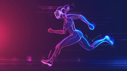 Obraz premium Futuristic woman running in virtual reality with neon effects
