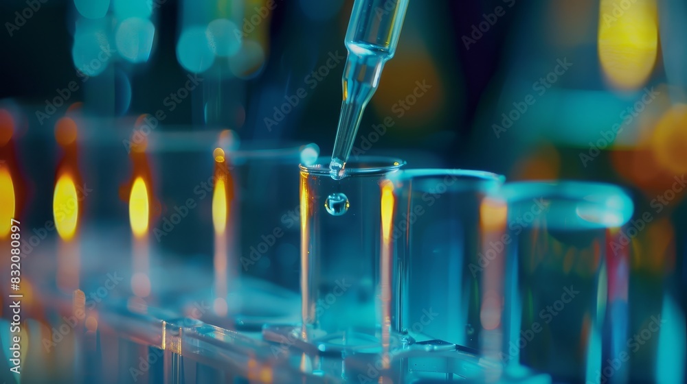 Poster closeup of pipette and test tube with meticulous sample addition, focusing on laboratory accuracy an