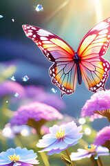 magical glowing butterfly with wide translucent wings in wildflowers