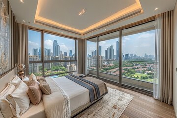 Fototapeta premium Luxurious bedroom with large windows, elegant decor, and panoramic city views, combining modern sophistication with comfort