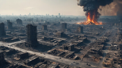 The ruins of cities smoldering in the aftermath of a UFO invasion, a stark reminder of humanity's vulnerability to extraterrestrial threats, Generative AI