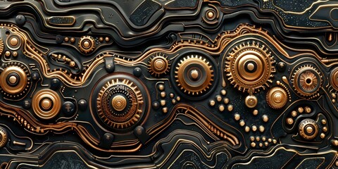 surreal industrial relief art, abstract metallic design with steampunk gears