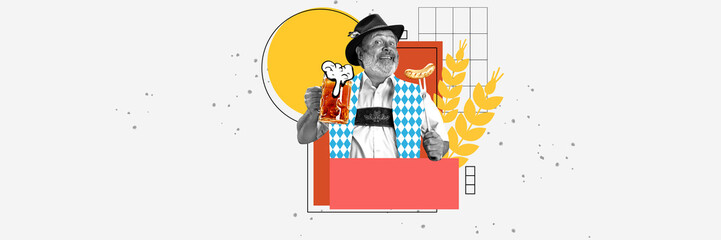 Bavarian senior man with lager beer and grilled sausage on abstract colorful background....