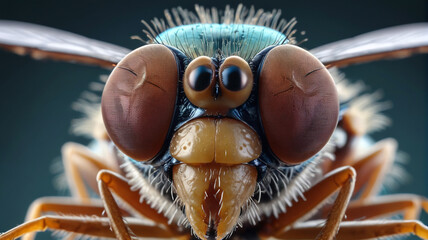 Zoomed-in view of a mutated fly with mutated wings and enlarged compound eyes, a disturbing portrayal of genetic aberration, Generative AI