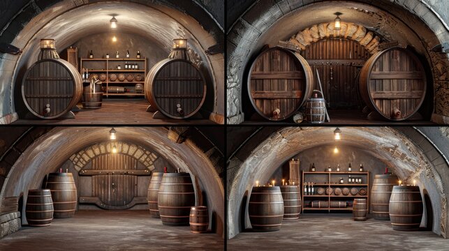 A collection of four photos of a wine cellar