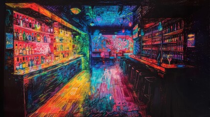 Abstract painting of a bar interior with bottles on shelves and a rainbow-colored floor.