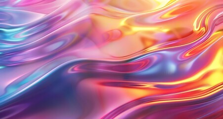 Abstract holographic neon curved wave with vibrant colors, showcasing a fluid, dynamic, and futuristic design on a smooth, glossy surface