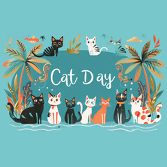 Illustration celebrating Cat Day with various cats and tropical plants, creating a festive atmosphere
