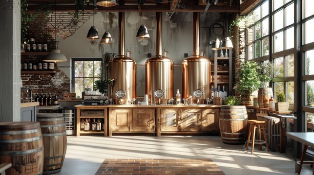 Craft beer brewery interior with copper kettles and wooden barrels