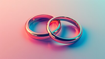 Close-up of two intertwined golden wedding rings with vibrant, colorful lighting, symbolizing love, marriage, and commitment.