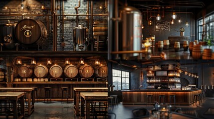 Industrial interior of a distillery with copper stills and wooden barrels