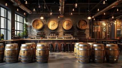interior of a modern gastropub with wooden barrels and dim lighting