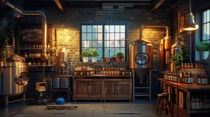 interior of a rustic distillery with wooden shelves and copper stills