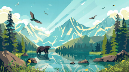 Illustration of a serene mountain landscape with wildlife