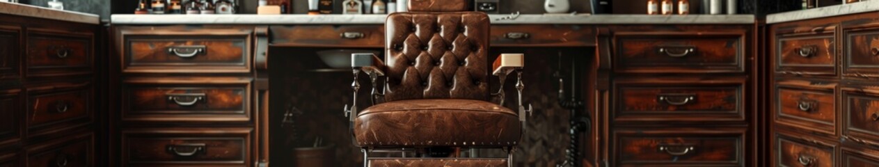 Luxury retro brown leather office chair with wood paneling and shelf.