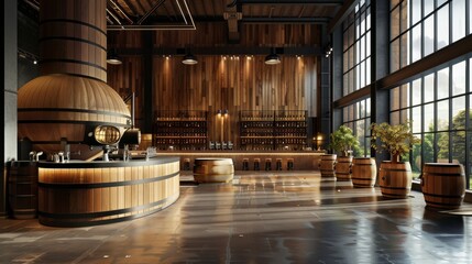 Modern spacious distillery interior with wooden walls and large glass windows