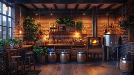 Rustic bar with brick walls, wooden beams and barrels