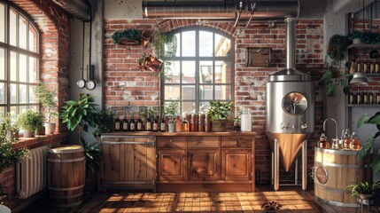 Rustic industrial interior with brick walls, wooden furniture and large windows