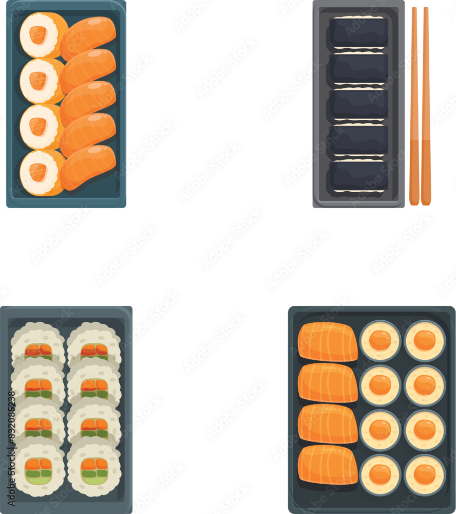 Poster Flat lay vector design of sushi sets with chopsticks on a dark background, perfect for menu graphics