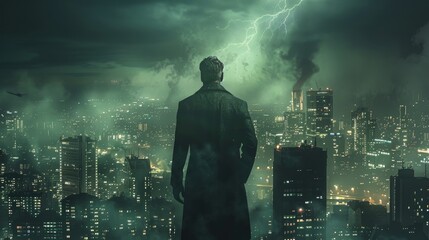 The dark knight is standing on the rooftop and looking at the city during a thunderstorm.