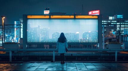 The girl is standing in front of a blank billboard in the middle of a busy city street at night.