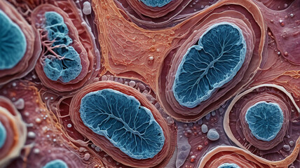 Macro photograph capturing the minute details of human tissue slides under a microscope, revealing cellular structures and tissue composition, Generative AI
