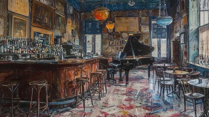 The image is of an empty bar with a piano player. The bar is dimly lit and has a red carpet on the floor. The piano player is sitting at the piano, playing a song.