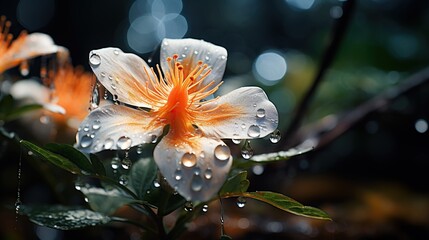  an orange lily flower with water droplets on its petals. 