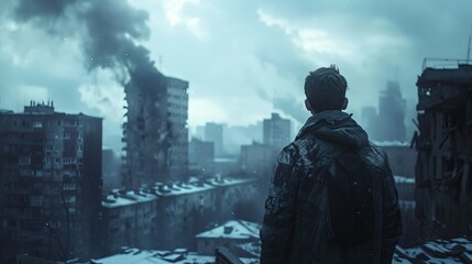The image shows a post-apocalyptic city in ruins with a lonely figure standing in the foreground.
