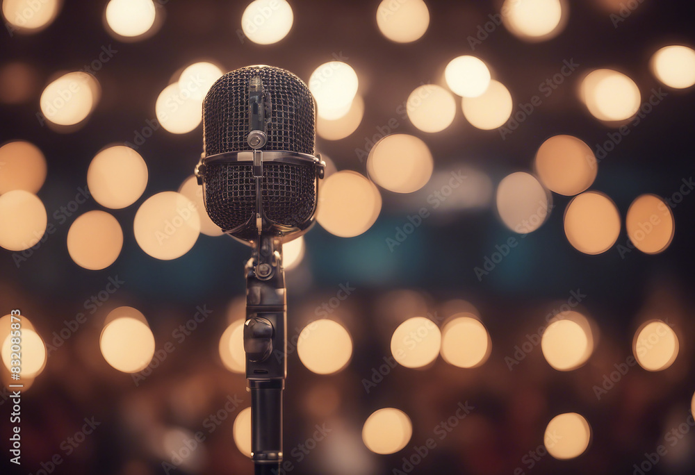 Poster retro microphone on stage with bokeh light