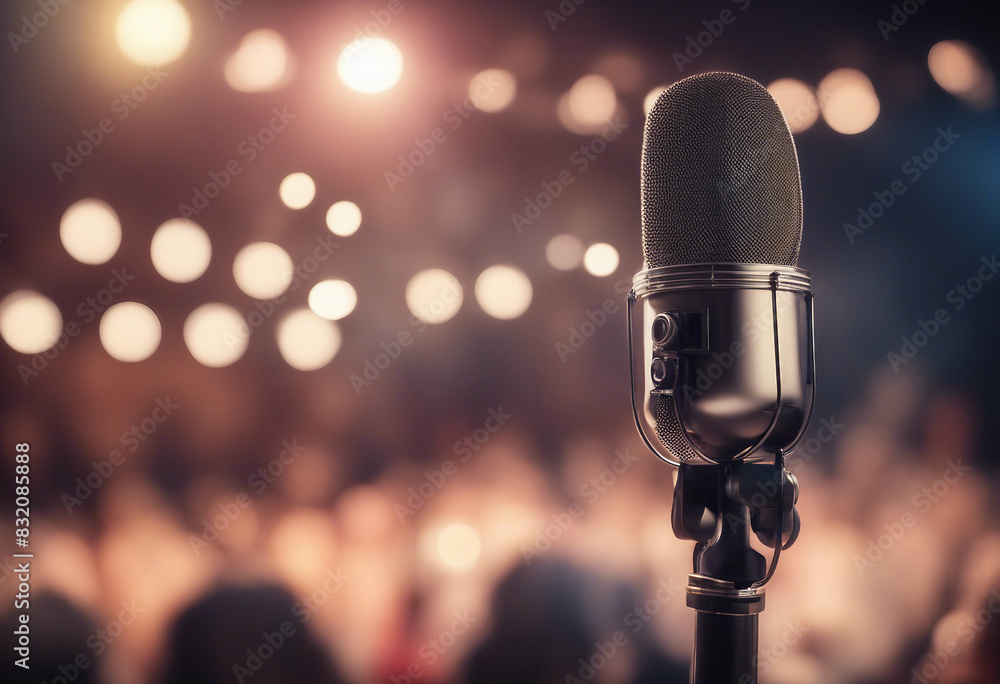 Poster retro microphone on stage with bokeh light
