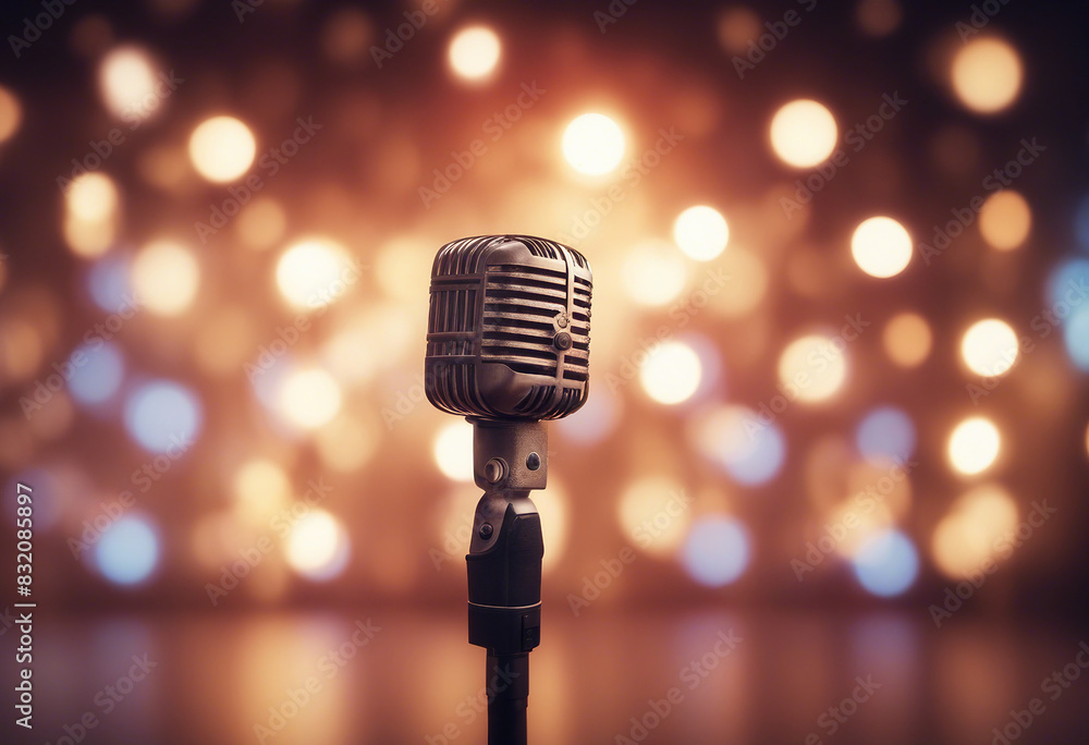 Poster retro microphone on stage with bokeh light