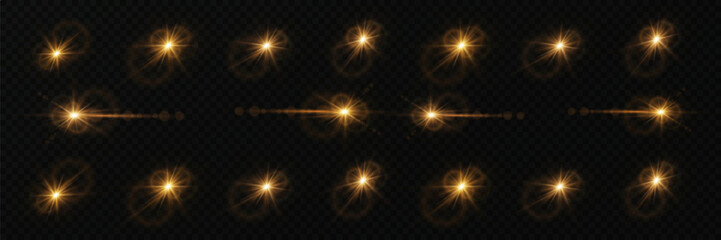 Light effect of lens and flash. Golden stars, magical explosion, luminous lines. On a transparent background.