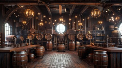 The interior of a medieval tavern with wooden barrels and shelves stocked with bottles.