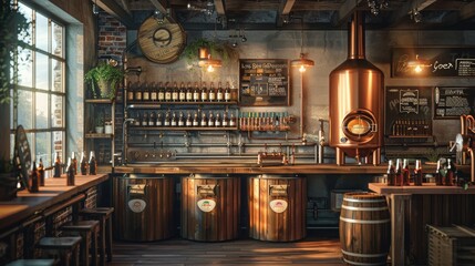 The interior of a modern brewery with copper kettles and wooden barrels.