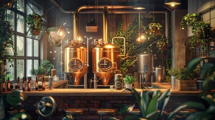 The interior of a modern brewery with stainless steel tanks and a variety of plants.