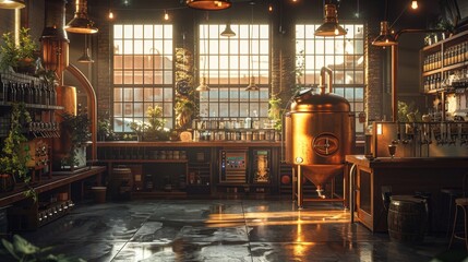 The interior of a modern distillery with large windows, copper stills, and wooden barrels.