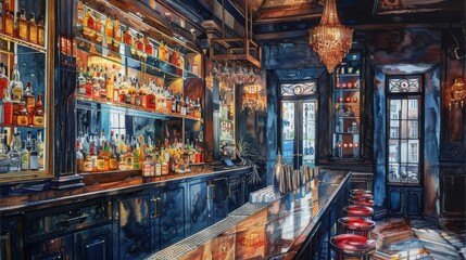 The interior of a retro bar with a wooden bar counter and shelves of alcoholic drinks