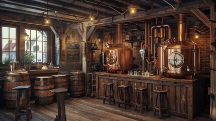 The interior of a rustic bar or tavern, with wooden beams and barrels, and a variety of alcohol bottles on shelves behind the bar.