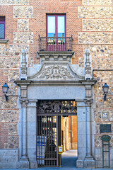 Medieval stone decoration in building facade, Plaza de la Villa, Madrid, Spain