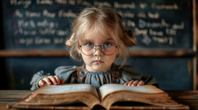 Young boy in glasses reading book by formulas on blackboard  education and elementary school concept