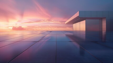 Solar panels on a modern house rooftop at sunrise, shot from a low angle to highlight the panels catching the first light of the day. The golden hour light enhances the eco-friendly technology