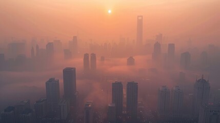 Close-up of smog-covered city skyline with the sun barely visible through the haze, representing the air pollution aspect of climate change
