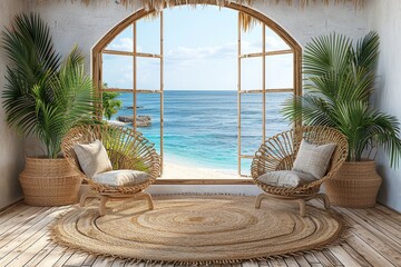 Obraz premium Tranquil beachside seating area with wicker chairs, wooden flooring, and a breathtaking ocean view, perfect for relaxation